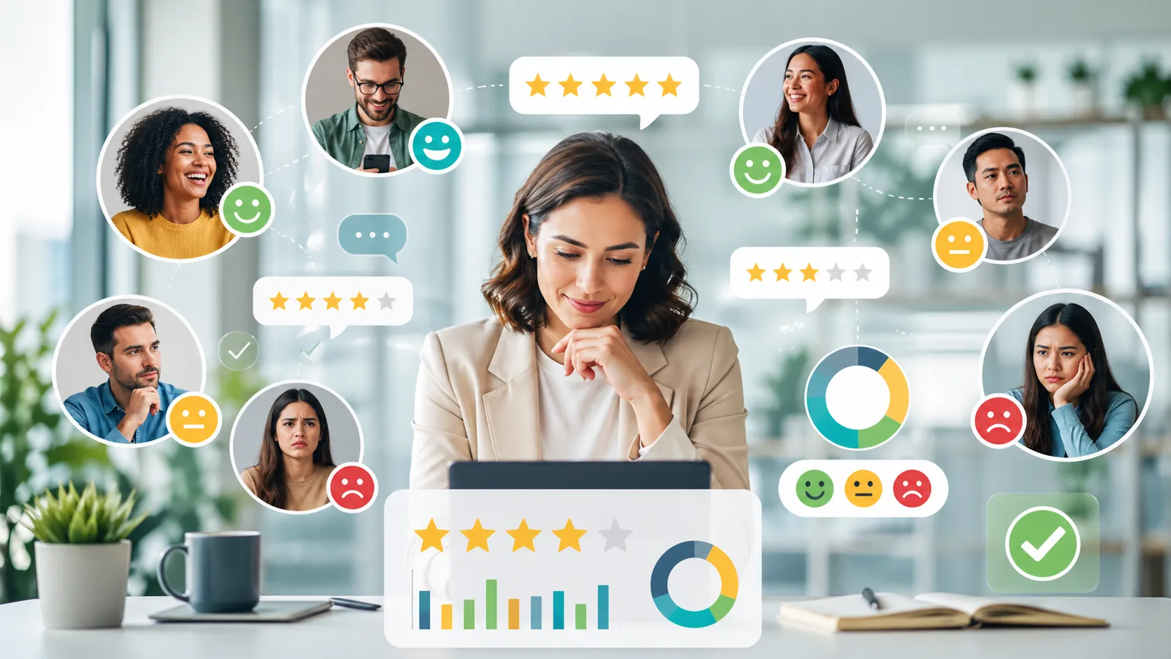 Een moderne visualisatie van klantfeedback, reviews en emoties om inzicht te krijgen in wat klanten echt van een bedrijf vinden.