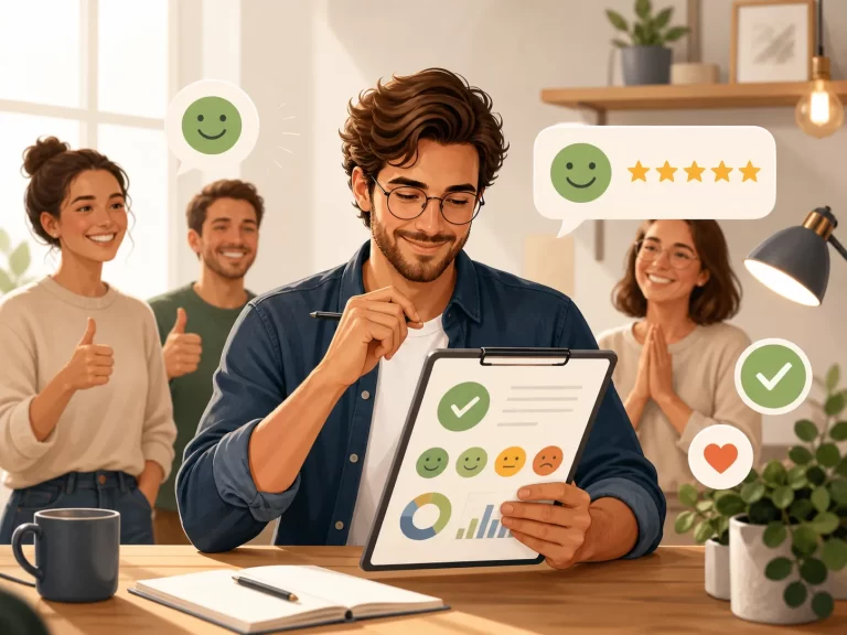 Een zzp’er analyseert klantfeedback met positieve beoordelingen en tevreden klanten op de achtergrond.