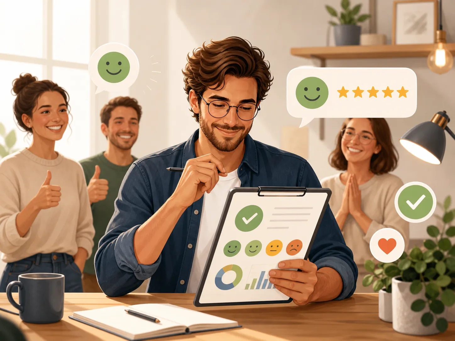 Een zzp’er analyseert klantfeedback met positieve beoordelingen en tevreden klanten op de achtergrond.
