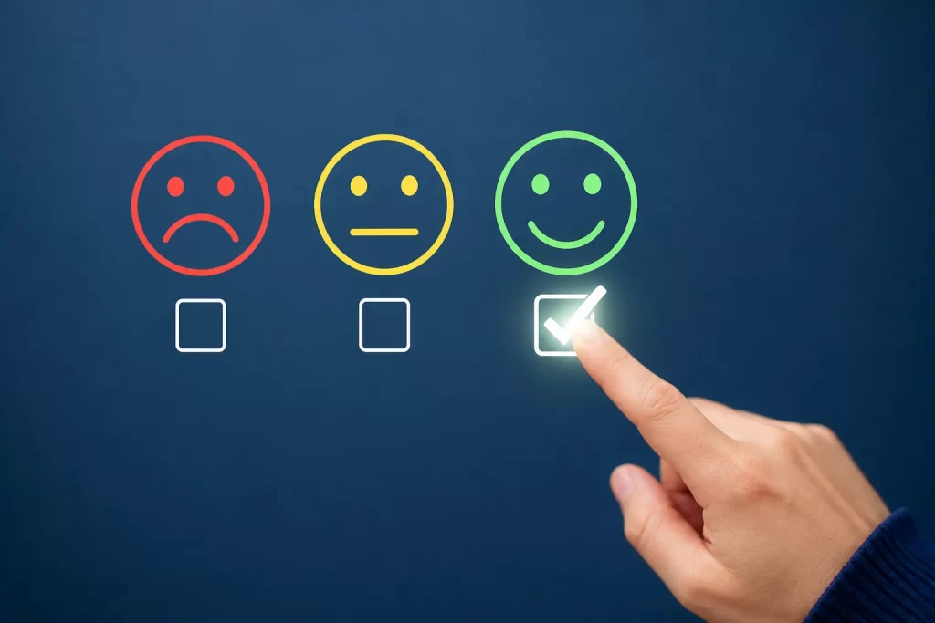 Een klant kiest een tevreden smiley als feedback op een digitale enquête.