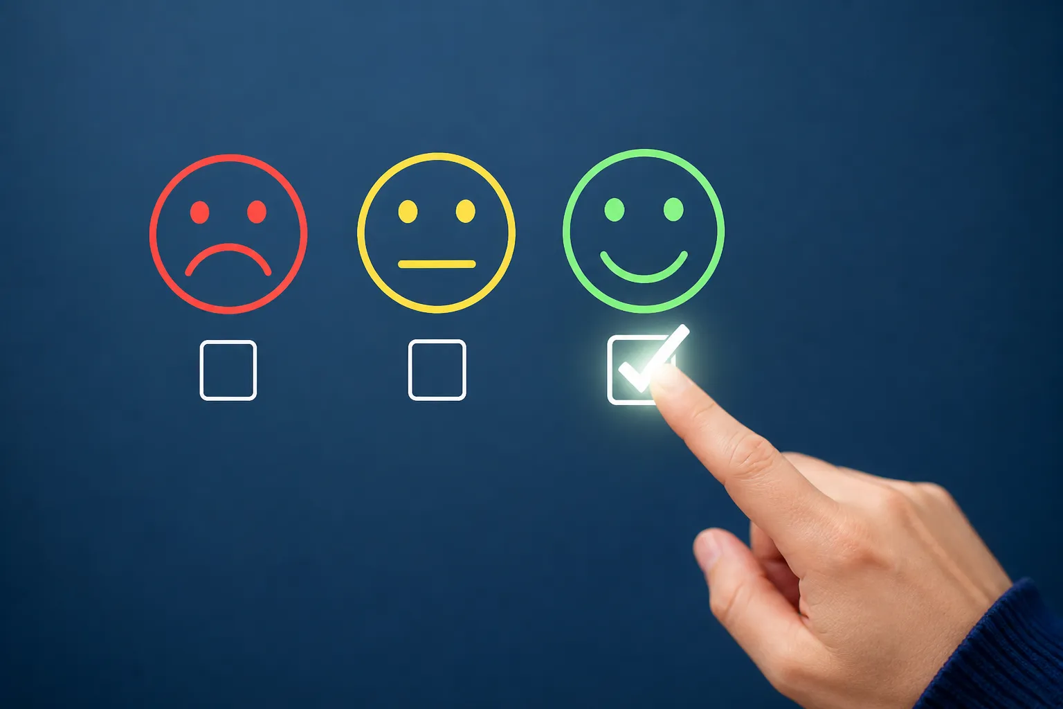 Een klant kiest een tevreden smiley als feedback op een digitale enquête.