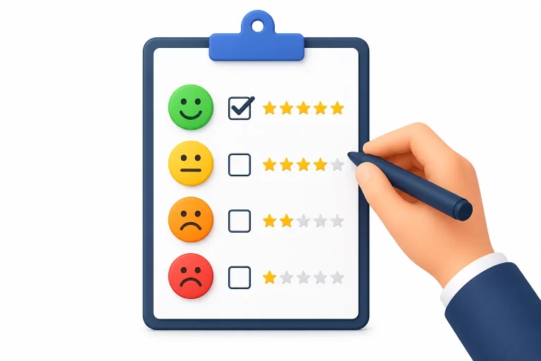 Een moderne illustratie van tevreden klanten die feedback geven.