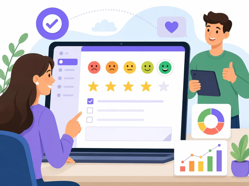 Een moderne illustratie van klantenfeedback via een online formulier met beoordelingen, smileys en eenvoudige resultaten.