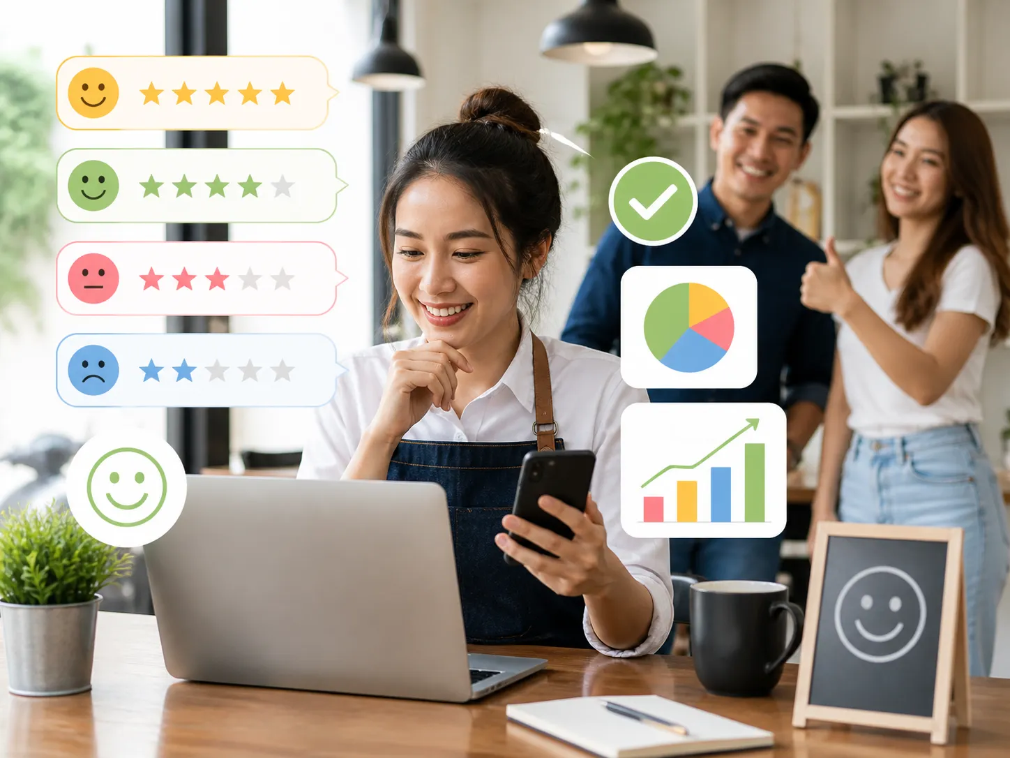 Een kleine ondernemer bekijkt klantfeedback via simpele tools, met tevreden klanten en overzichtelijke beoordelingsiconen.