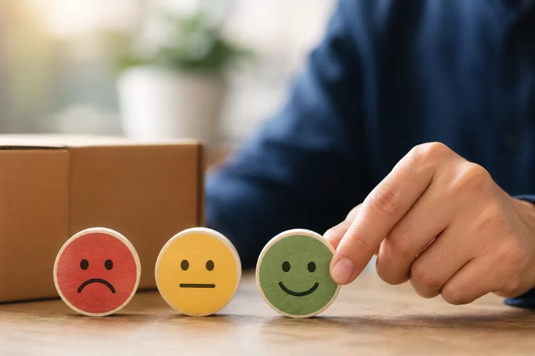 Een klant kiest een blije smiley om positieve feedback na een aankoop te geven.