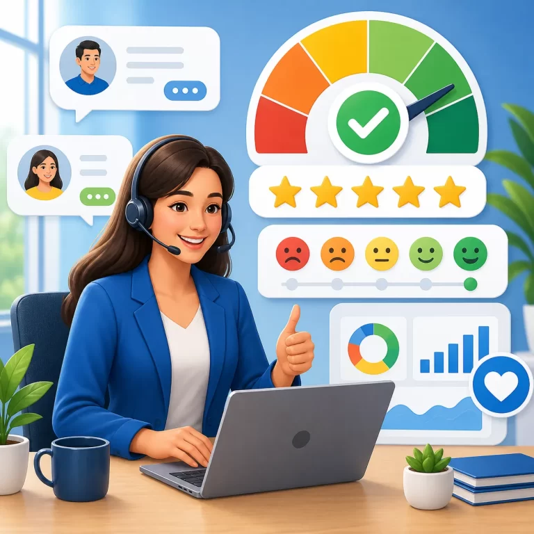 Een vriendelijke klantenservicemedewerker met dashboard, sterrenbeoordeling en tevredenheidsmeter.