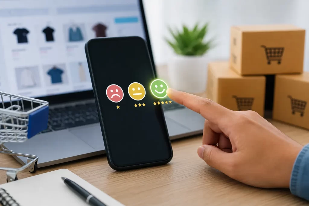 Een klant geeft via smartphone feedback over de online winkelervaring, met focus op tevredenheid en e-commerce.
