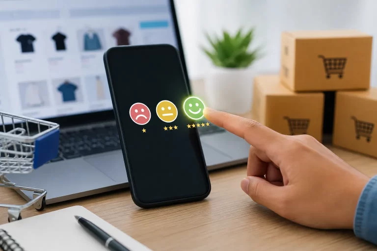 Een klant geeft via smartphone feedback over de online winkelervaring, met focus op tevredenheid en e-commerce.