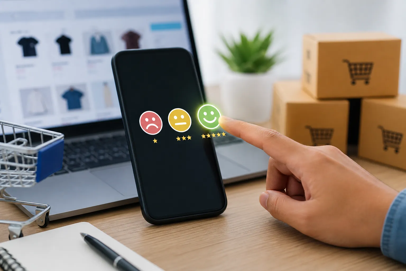 Een klant geeft via smartphone feedback over de online winkelervaring, met focus op tevredenheid en e-commerce.