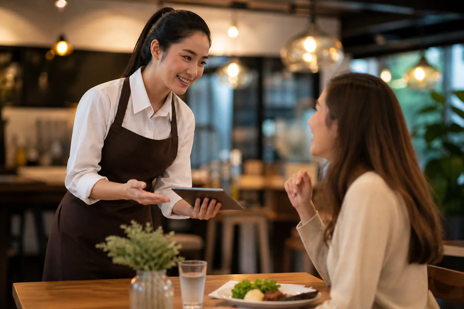 Een vriendelijke medewerker vraagt een gast om feedback in een warme restaurantsetting.