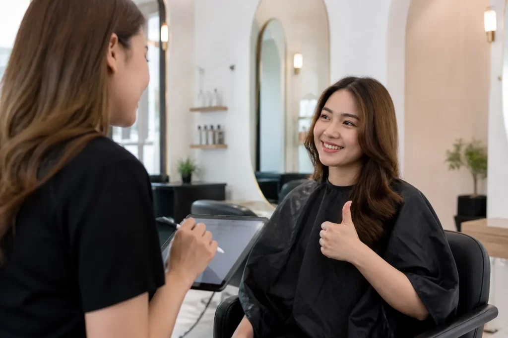 Een rustige salonscène waarin feedback en tevredenheid van klanten centraal staan.