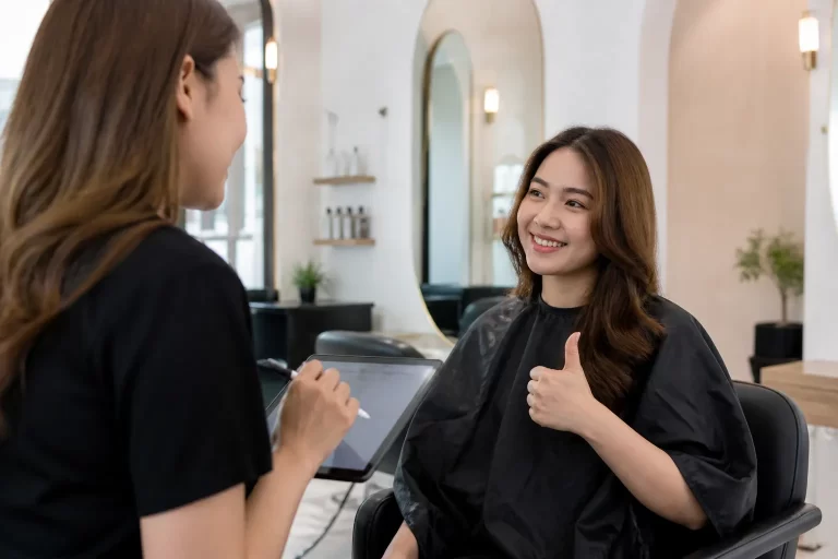Een rustige salonscène waarin feedback en tevredenheid van klanten centraal staan.