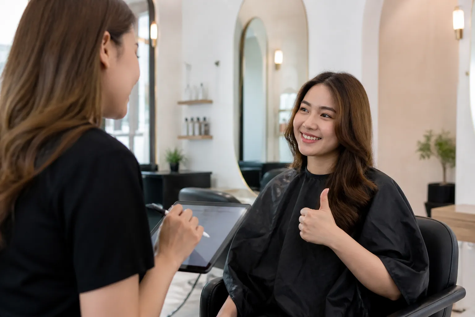 Een rustige salonscène waarin feedback en tevredenheid van klanten centraal staan.