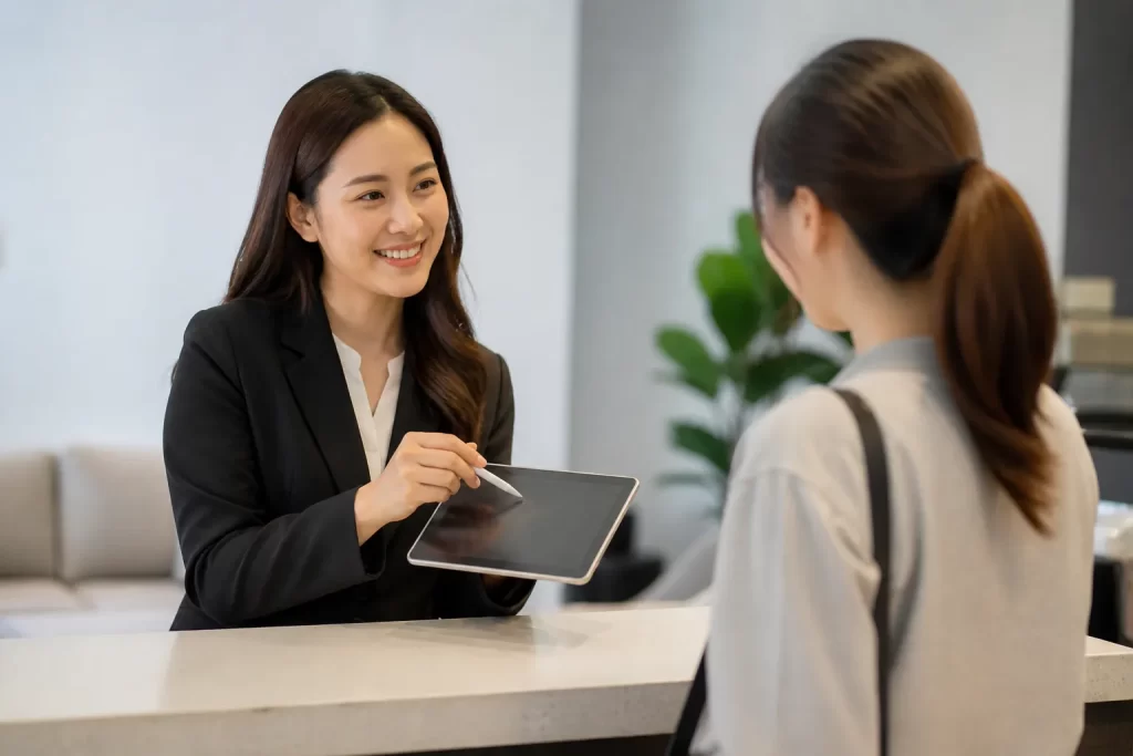 Een vriendelijk gesprek tussen medewerker en klant tijdens een tevredenheidsmeting in een professionele omgeving.