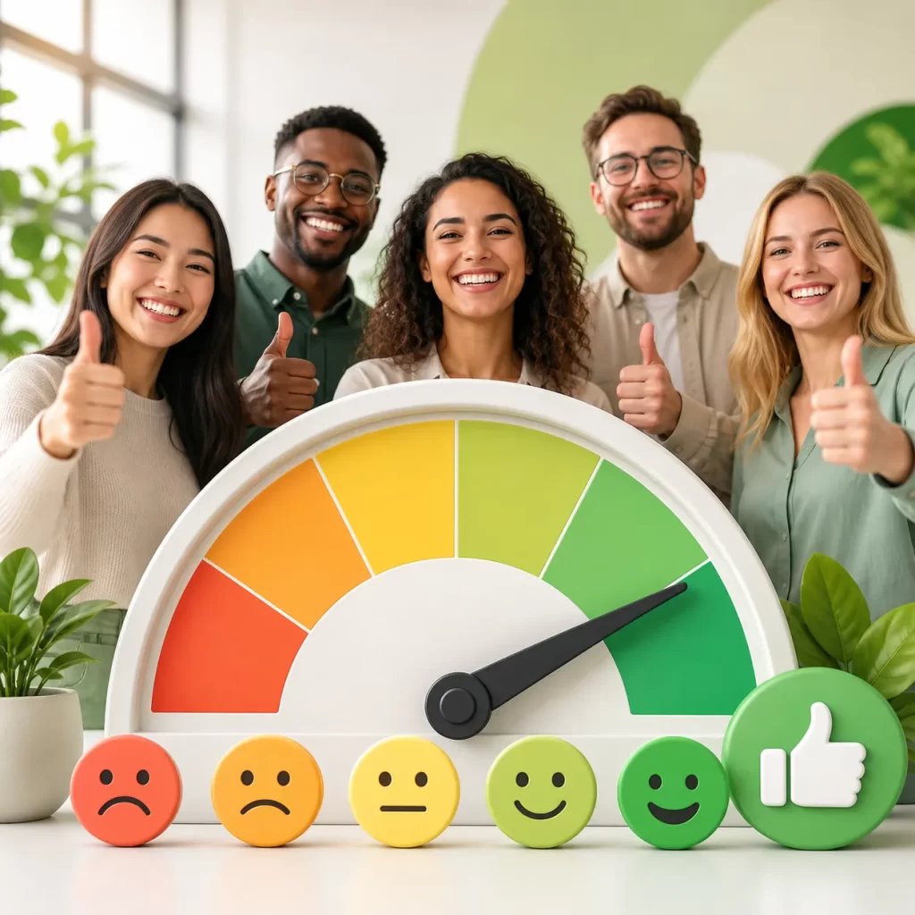 Tevreden klanten en een groene scoremeter tonen positieve feedback en hoge klantloyaliteit.