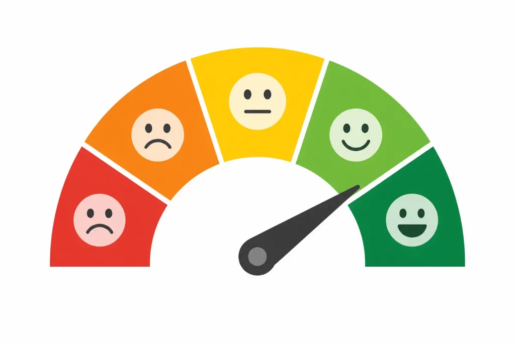 Een eenvoudige illustratie van klanttevredenheid met een meter die een positieve score aangeeft.