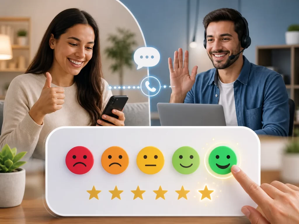 Een tevreden klant geeft direct na contact met de klantenservice positieve feedback via een smiley- en sterbeoordeling.
