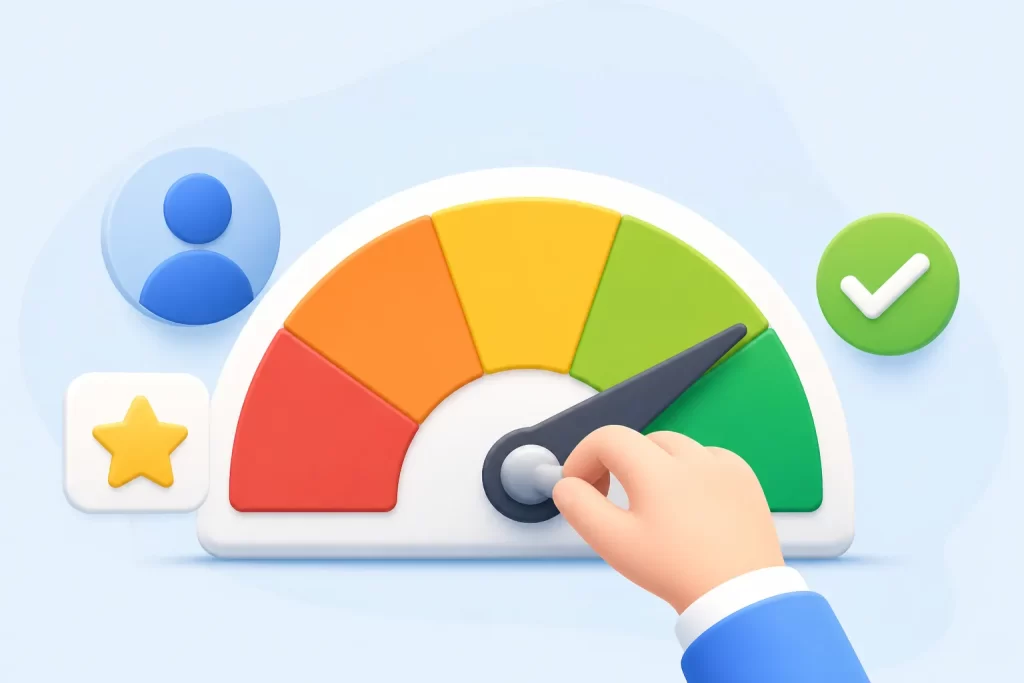 Een visuele weergave van hoe makkelijk klanten een dienst ervaren, met de score richting positief resultaat.