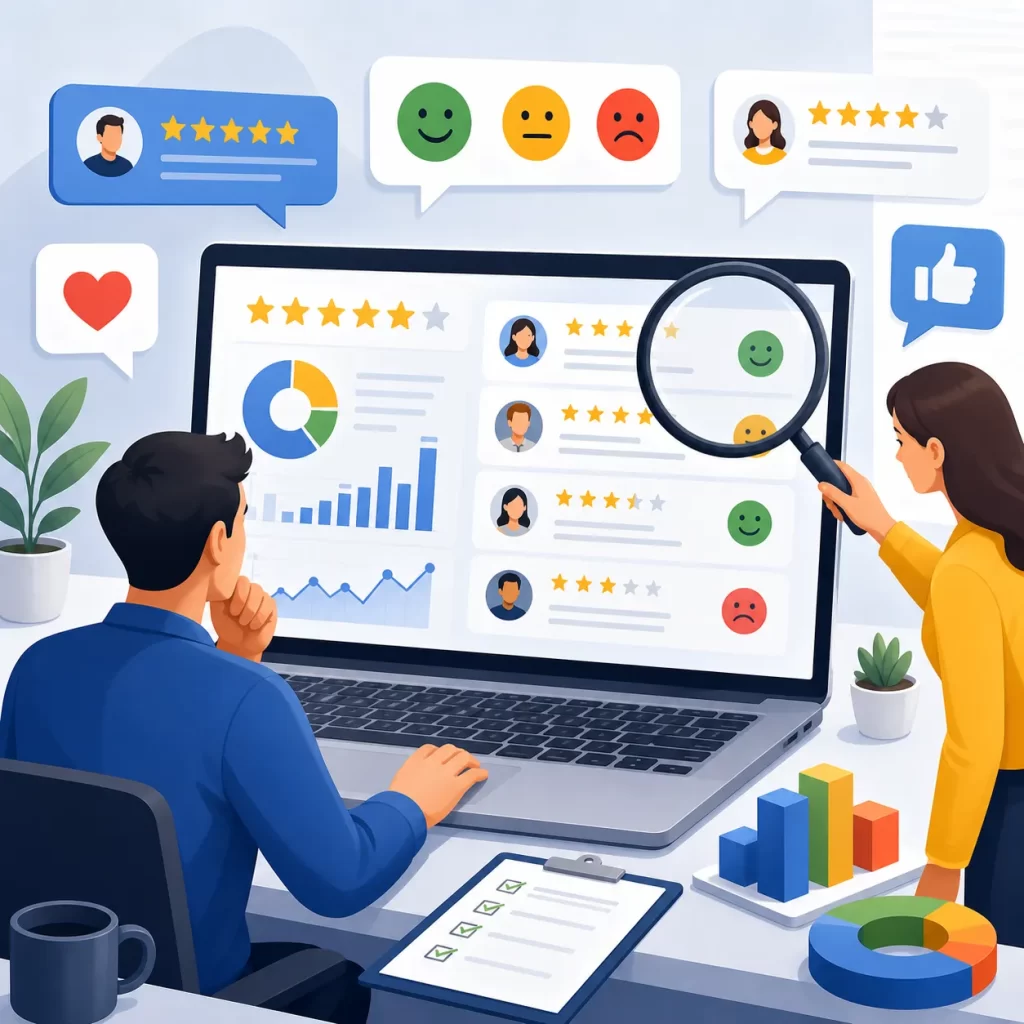 Een moderne illustratie van klantbeoordelingen, sentimenten en data-analyse op een digitaal dashboard.