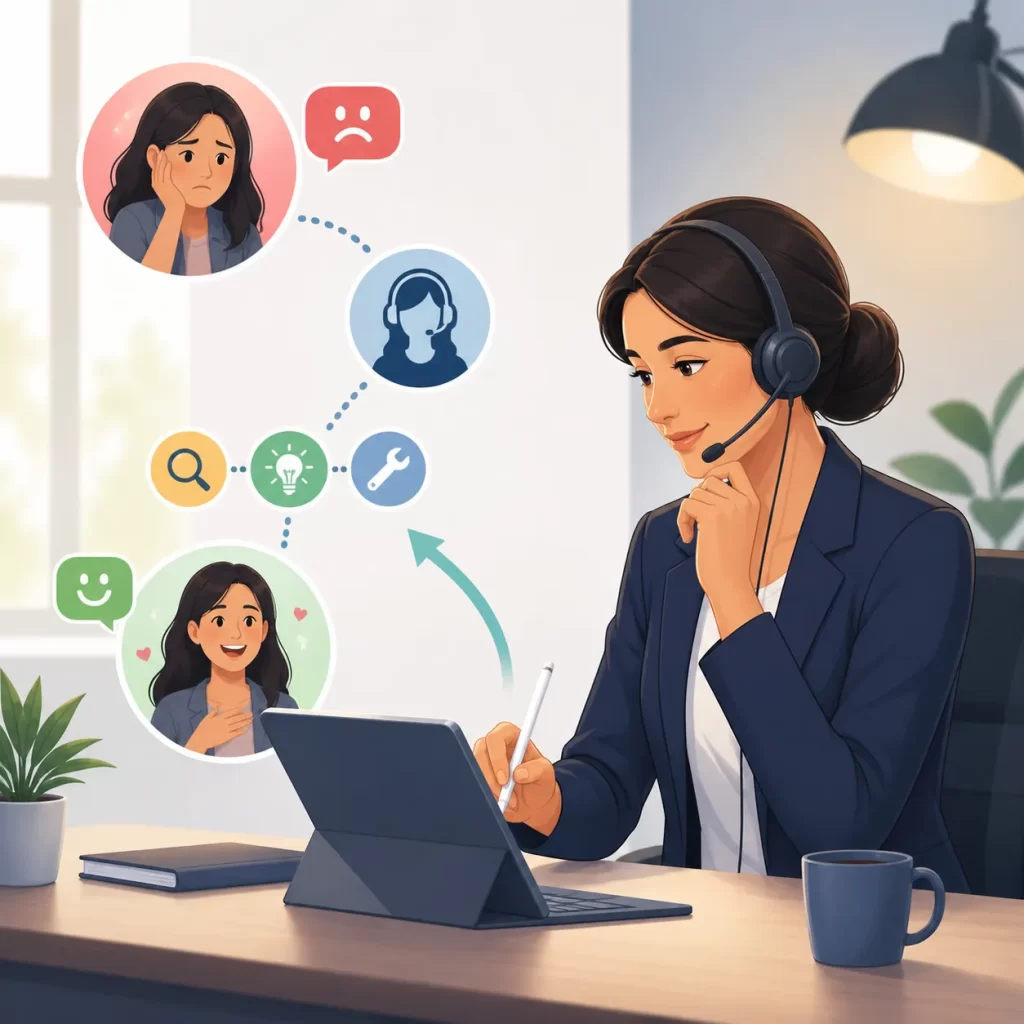Een klantenservicemedewerker luistert empathisch, analyseert klachten en zet negatieve feedback om in een positieve oplossing.