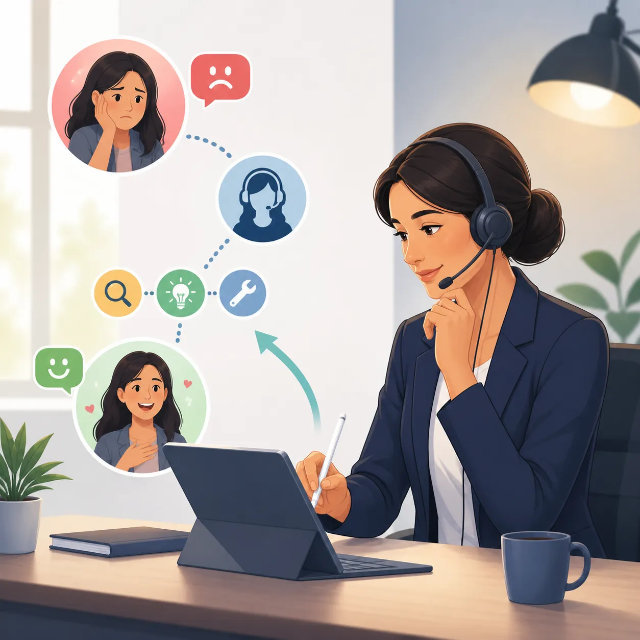 Een klantenservicemedewerker luistert empathisch, analyseert klachten en zet negatieve feedback om in een positieve oplossing.