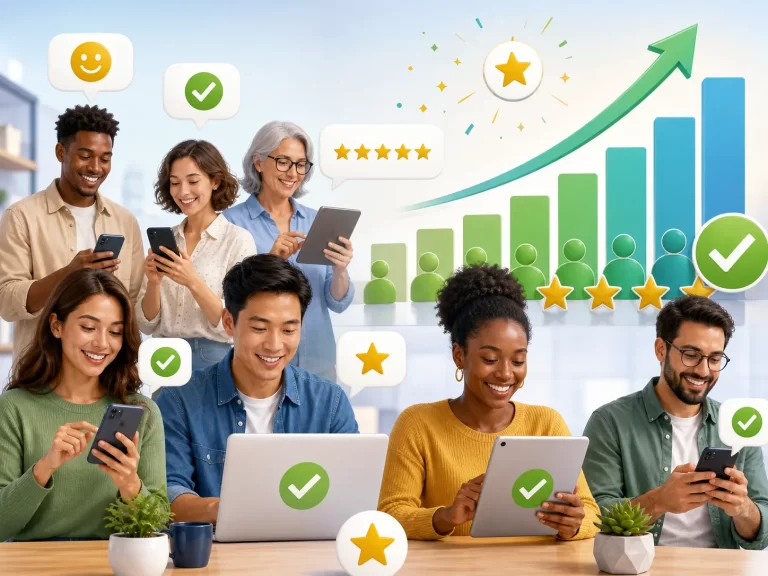 Tevreden klanten vullen eenvoudig een enquête in, terwijl positieve feedback en groei zichtbaar worden.